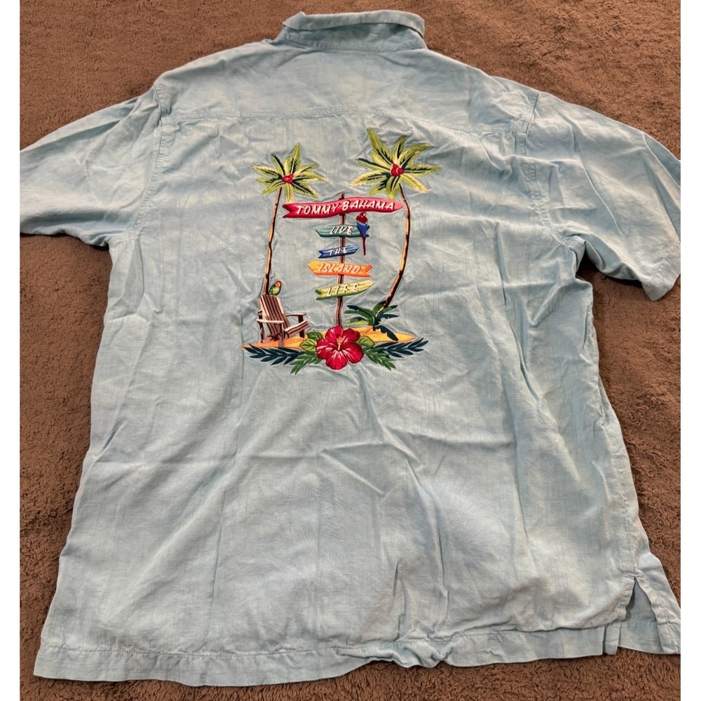 Tommy Bahama Hawaiian Shirt Mens L Blue Live the Island Trees Embroidered Silk